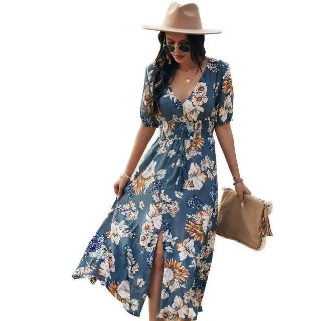 Fashion Casual Loose Party Short Sleeve Maxi Split Dress - Summer Dresses for Women