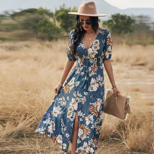 Fashion Casual Loose Party Short Sleeve Maxi Split Dress - Summer Dresses for Women