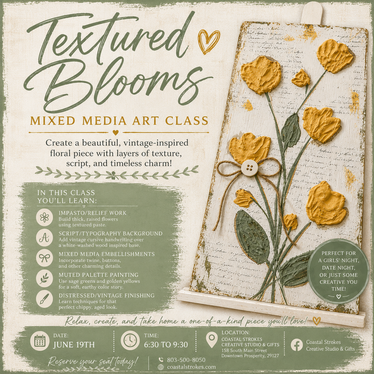 SPECIALTY ~ Textured Blooms Mixed Media Class ~ 6/19/26 ~ 6:30-9:30
