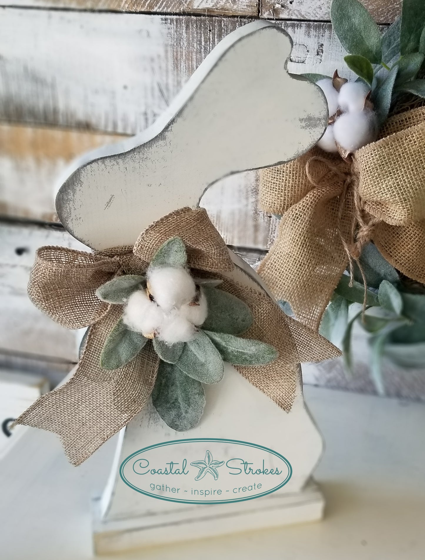 Rustic Wooden Bunny with Lambs Ear and Cotton