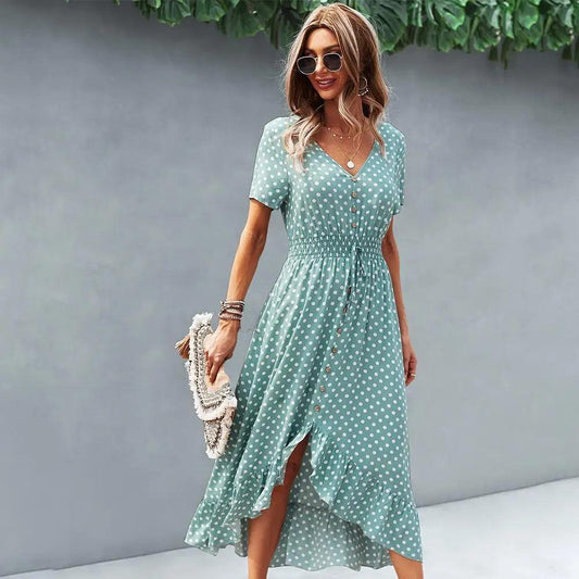 Fashion Elegant Boho Short Sleeve Polka Dot Long Dresses Women Beach Party Vintage Fashion Dresses