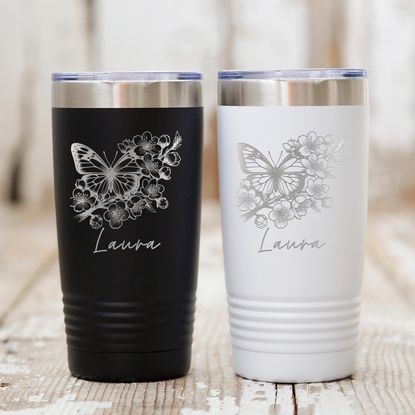 Personalized Butterfly Tumbler - Custom Insulated 20 oz Stainless Steel Mug