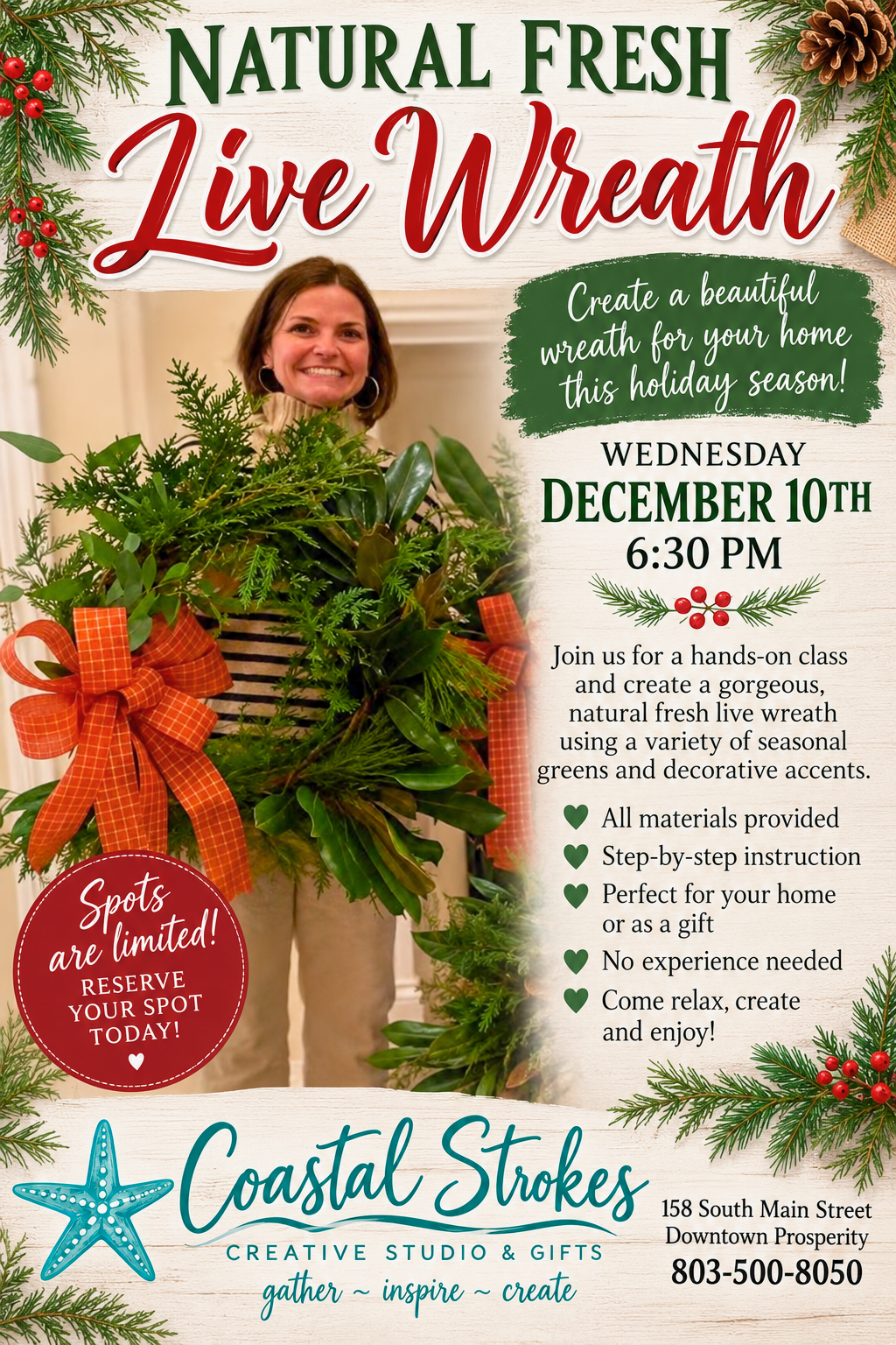 SPECIALTY ~ Natural Live Wreath Workshop ~ 12/10/26 ~ 6:30-8:30