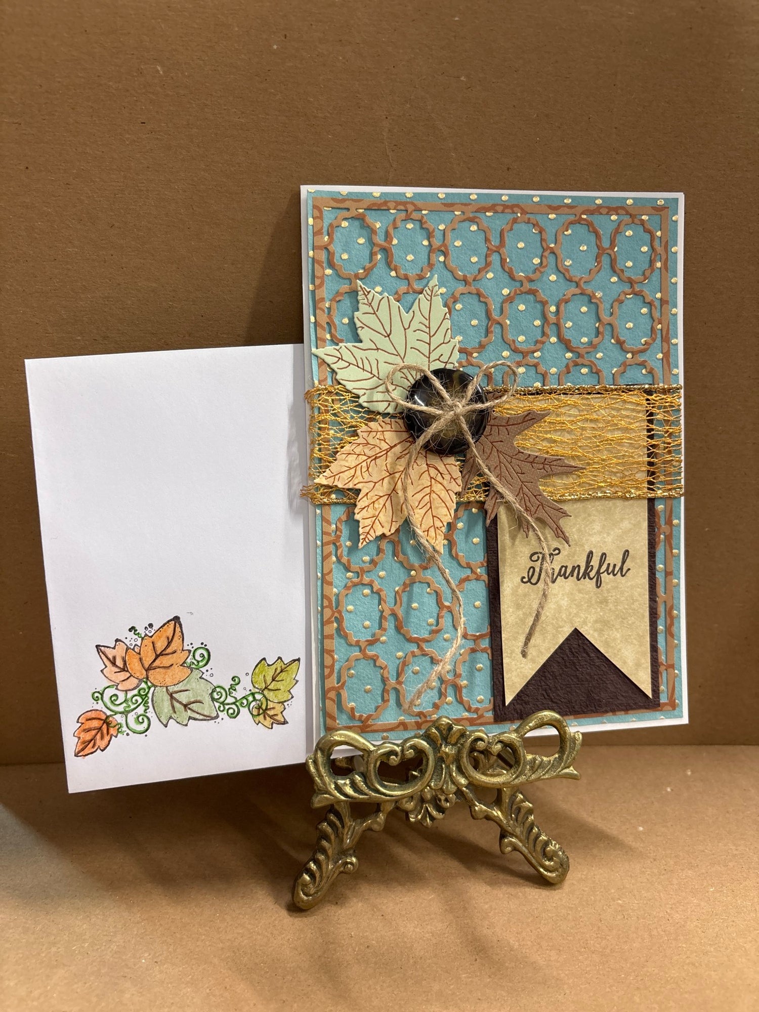 Seasonal- Thankful w/ Fall Leaves, Ribbon, Button, & Bow
