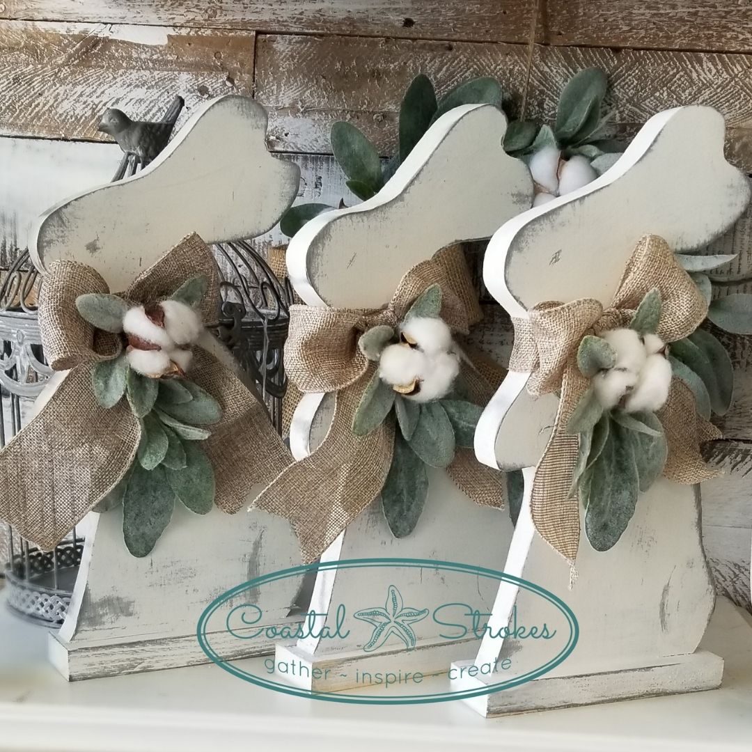 Rustic Wooden Bunny with Lambs Ear and Cotton